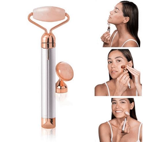New 2 In 1 Flawless Contour, Flawless Jade Roller, Micro Vibrating Facial Roller And Massager, Automatic Facial Vibrate Face Massager, Electric Pink Rose Quartz Facial Massager, Vibrating Face Body Massage Tool, Skin Care Lift Tightening Women Beauty Bar
