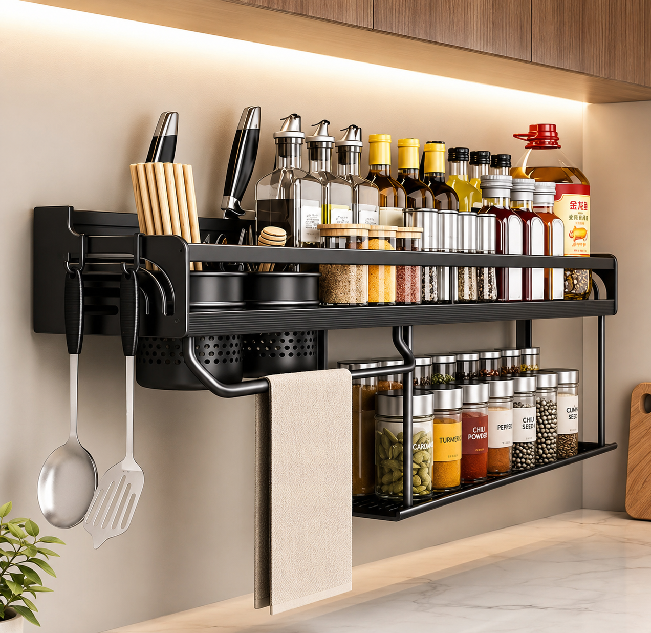Wall Mounted Spice And Utensil Rack, Double Layer Kitchen Rack, Kitchen Organizer Rack, Spice Organizer Shelf, Kitchen Knife Holder