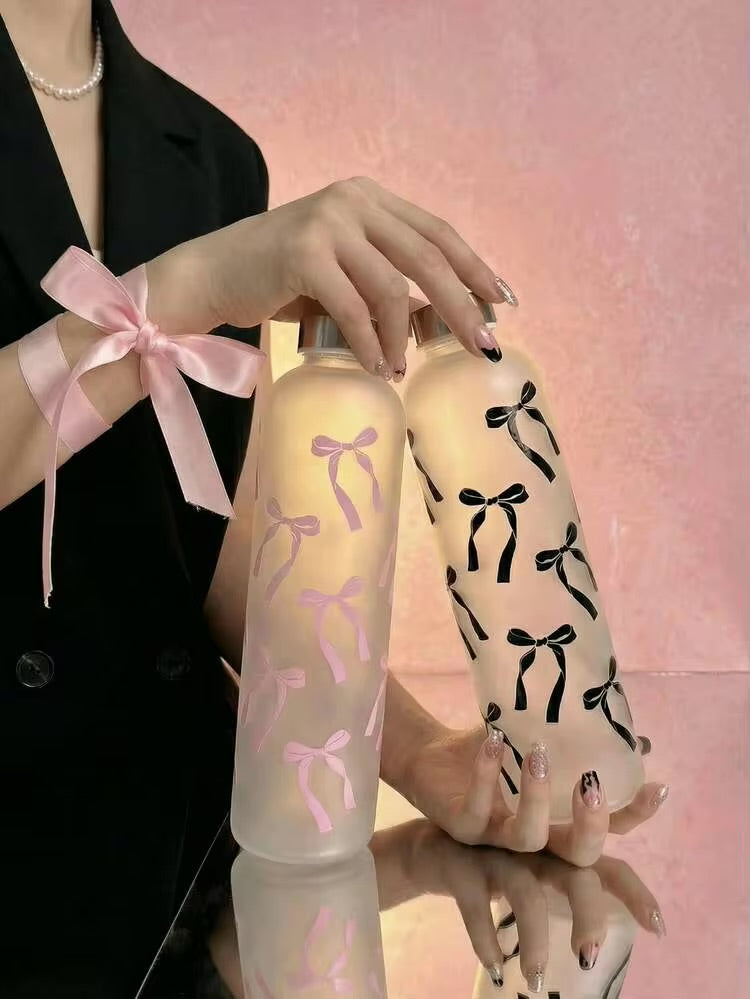 1L Aesthetic Water Bottle With Bow Print, Reusable Water Bottle With Lid, Ribbon Bow Frosted Water Bottle, Multipurpose Water Bottle for Travel