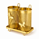 Dual Cup Cutlery Organizer Stand, Kitchen Utensil Organizer, Elegant Golden Kitchen Utensil Organizer, Decorative Golden Cutlery Storage Stand