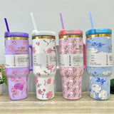 Floral 40oz / 1.18L Stainless Steel Vacuum Insulated Tumbler with Handle & Bow Straw | Gift Packaging