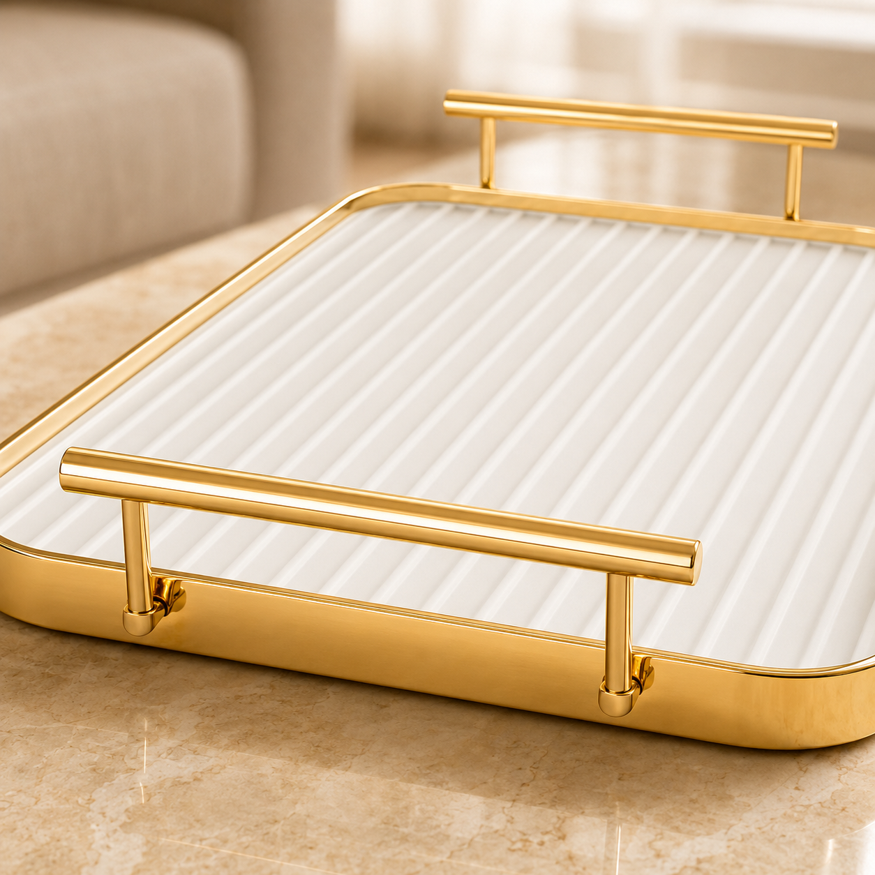 Gold Metal Serving Tray with Frosted Glass Base | Luxury Decorative Serving & Display Tray
