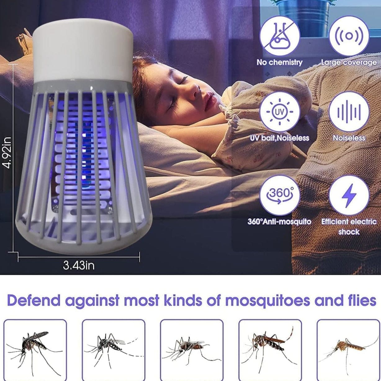 Socket Mosquito Lamp, UV Light Fly Mosquito Trap Racket, Plug In Mosquito Killer Device, Electric Mosquito Trap Lamp, Multipurpose Powered Electronic Bug Zappers
