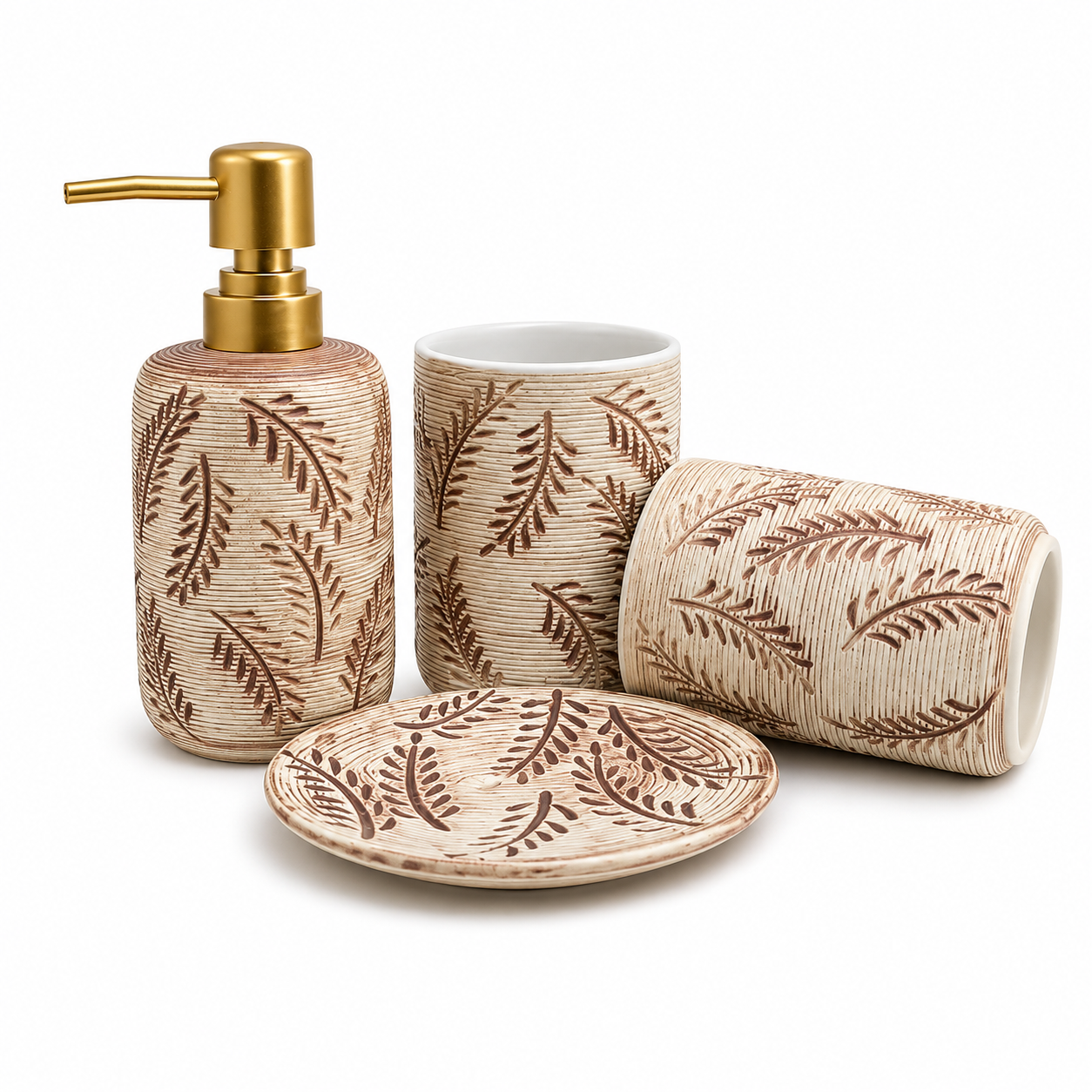 Luxury Leaf Pattern Ceramic Bathroom Accessories Set | 4 Piece Vanity Organizer Set with Elegant Tray