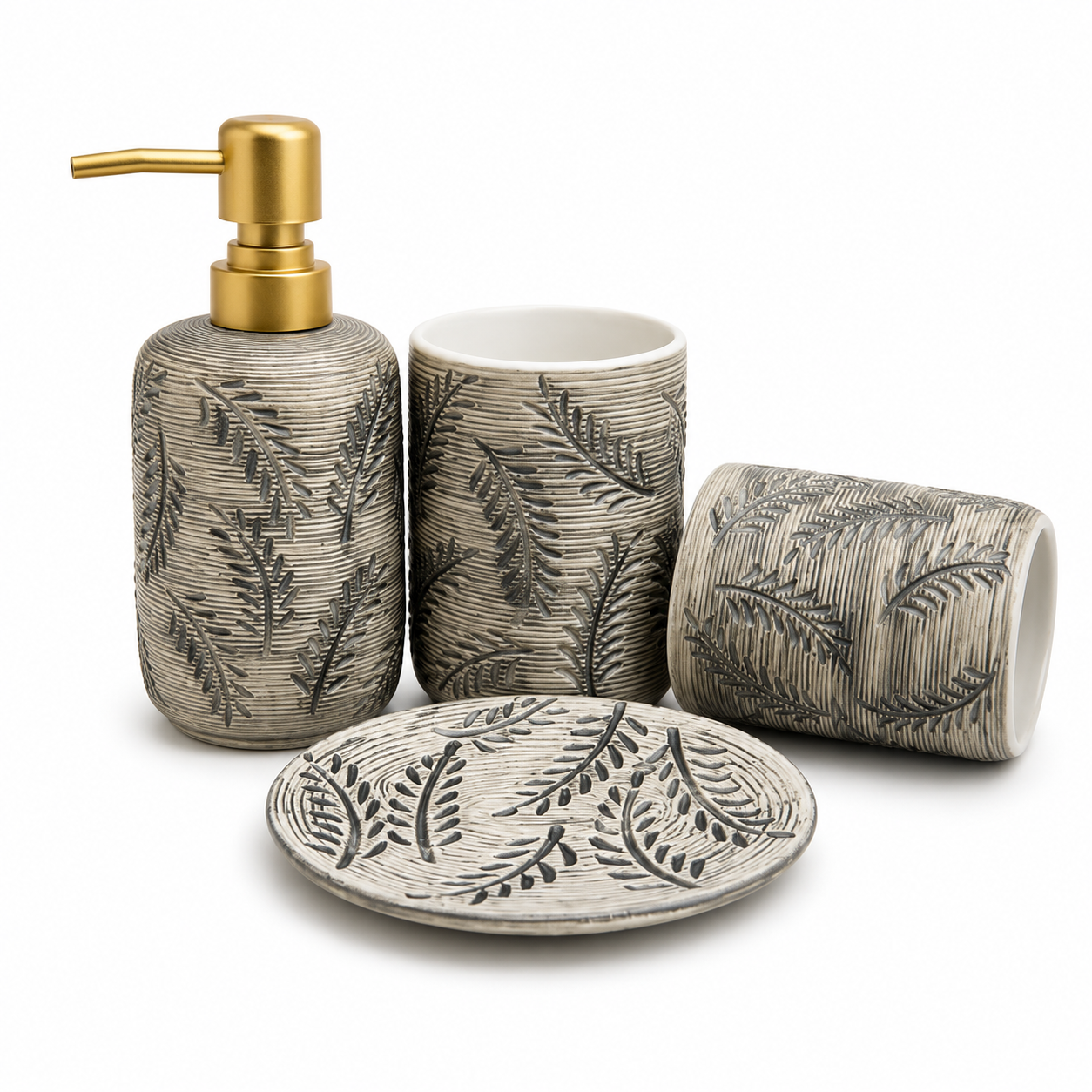 Luxury Leaf Pattern Ceramic Bathroom Accessories Set | 4 Piece Vanity Organizer Set with Elegant Tray