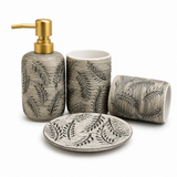 Luxury Leaf Pattern Ceramic Bathroom Accessories Set | 4 Piece Vanity Organizer Set with Elegant Tray