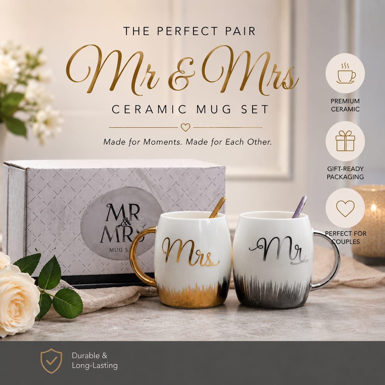 Mr & Mrs Luxury Ceramic Mug Gift Set – 2 Piece Couple Coffee Mugs