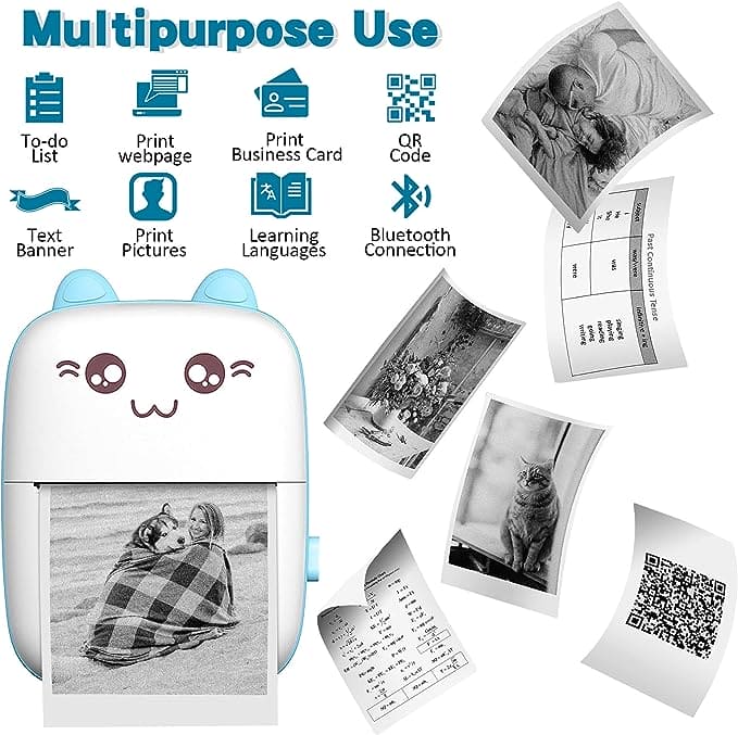 Meow Pocket Printer, Mini Bluetooth Photo Printer, Pocket Printer With Thermal Paper Roll, Wireless Mini Printer For Memo Receipt Label Notes, Thermal Printer Compatible with Android or iOS APP, Smart Thermal Inkless Printer