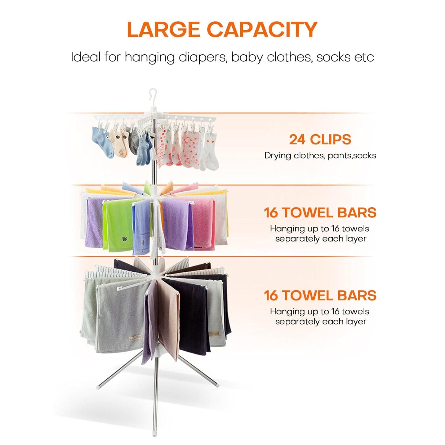 3 Tier Horse Drying Rack, Collapsible Clothes Drying Rack, Foldable Standing Laundry Stand, 360 Rotatable Tripod Airer For Clothes, Stainless Steel Frame Clothing Drying Rack, Balcony Laundry Hanger Organizer,  Indoor Outdoor Garment Aire Stand