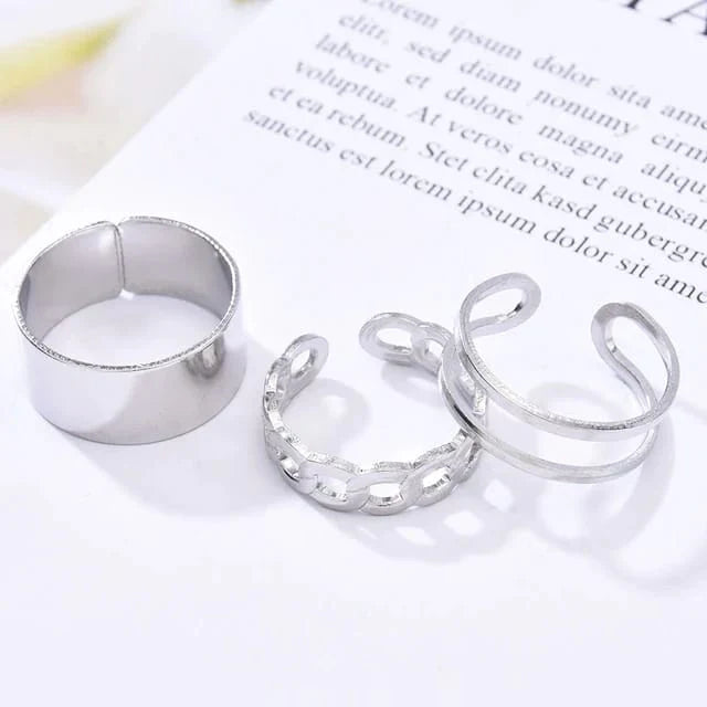 Set Of 3 Metal Alloy Hollow Opening Ring, Silver Adjustable Wide Rings, Simple Fashion Finger Rings Jewellery