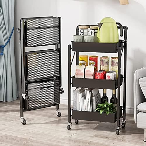 3 Tier Flexible Food Trolley, Home Snack Vegetables Storage Rack with Wheels, Multifunctional 3 Tier Storage Cart, Folding Kitchen Shelves, Plastic & Stainless Steel Storage Cart