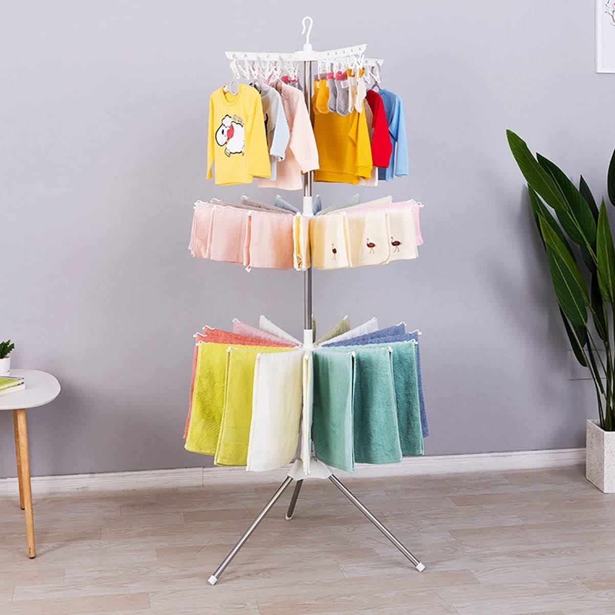 3 Tier Horse Drying Rack, Collapsible Clothes Drying Rack, Foldable Standing Laundry Stand, 360 Rotatable Tripod Airer For Clothes, Stainless Steel Frame Clothing Drying Rack, Balcony Laundry Hanger Organizer,  Indoor Outdoor Garment Aire Stand