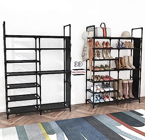 Multifunctional Storage Organizer, Standing Shoe Tower Racks, Cupboard Space Saving Shoe Stand, 7 Tier Shoe Rack for Entryway, Metal Shoe Organizer for Entryway Closet, Stackable Shoe Boots Storage Cabinet With Hooks