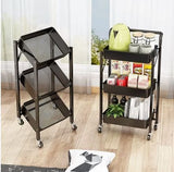 3 Tier Flexible Food Trolley, Home Snack Vegetables Storage Rack with Wheels, Multifunctional 3 Tier Storage Cart, Folding Kitchen Shelves, Plastic & Stainless Steel Storage Cart