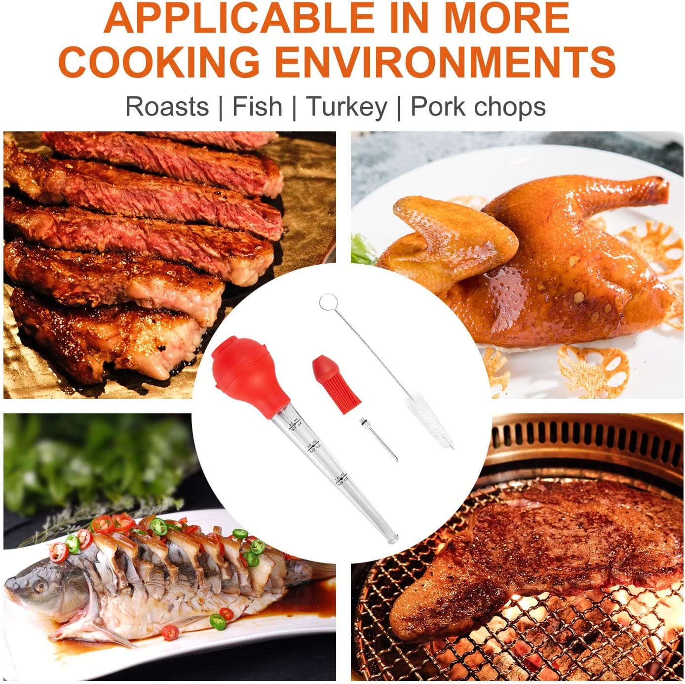 Oil Injector, Silicon BBQ Baster Syringe, Food Flavor Injector, Meat Marinade Injector, Liquid Drop Dropper, Home Baking Kitchen Tool, Round bulb Baster Syringe