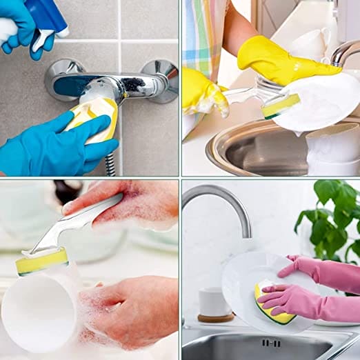 Replaceable Cleaning Brush, Kitchen Liquid Dispenser Dish Scrubber, 3 in1 Long Handle Cleaning Sponge, Removable Brush Head Sponge, Replacement Head Dishwashing Sponge, Heavy Duty Dish Wand for Kitchen, Sink, Bathroom