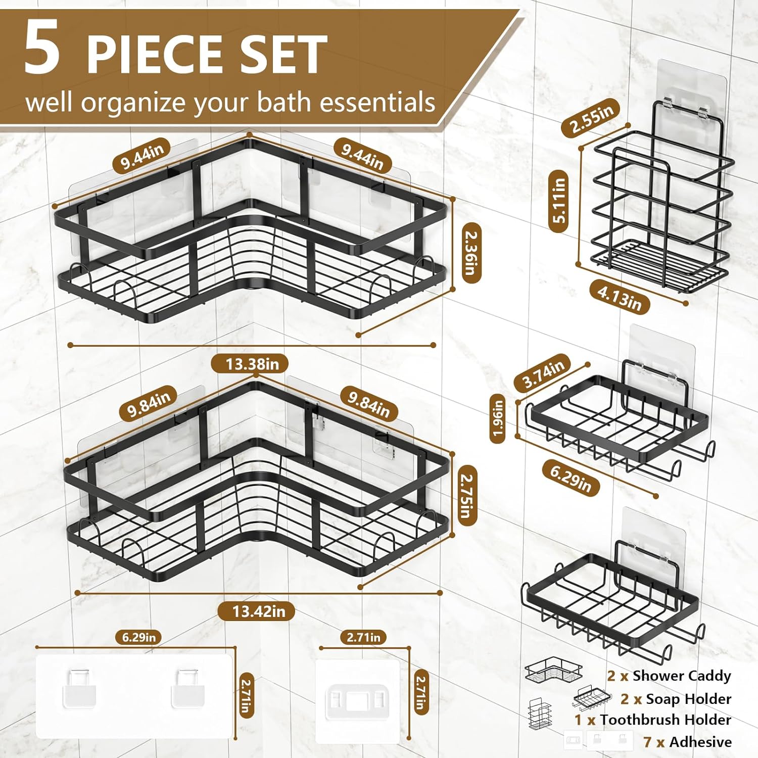 Set Of 5 Mesh Shower Shelves, Multipurpose Wall Storage Racks, Stainless Steel Bathroom Corner Baskets, Shower Basket for Hanging, Shampoo, Shower Gel, Soap Holder