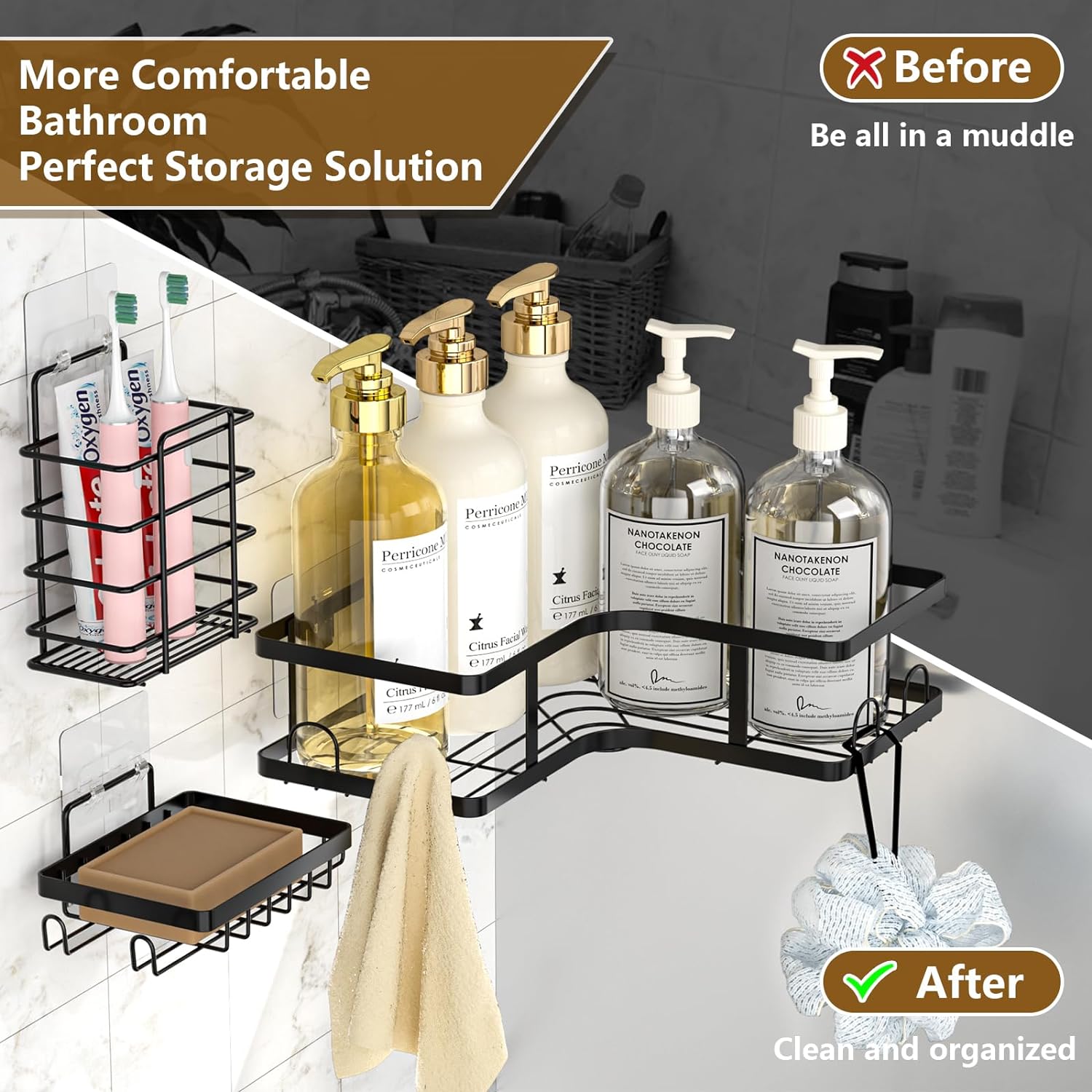 Set Of 5 Mesh Shower Shelves, Multipurpose Wall Storage Racks, Stainless Steel Bathroom Corner Baskets, Shower Basket for Hanging, Shampoo, Shower Gel, Soap Holder