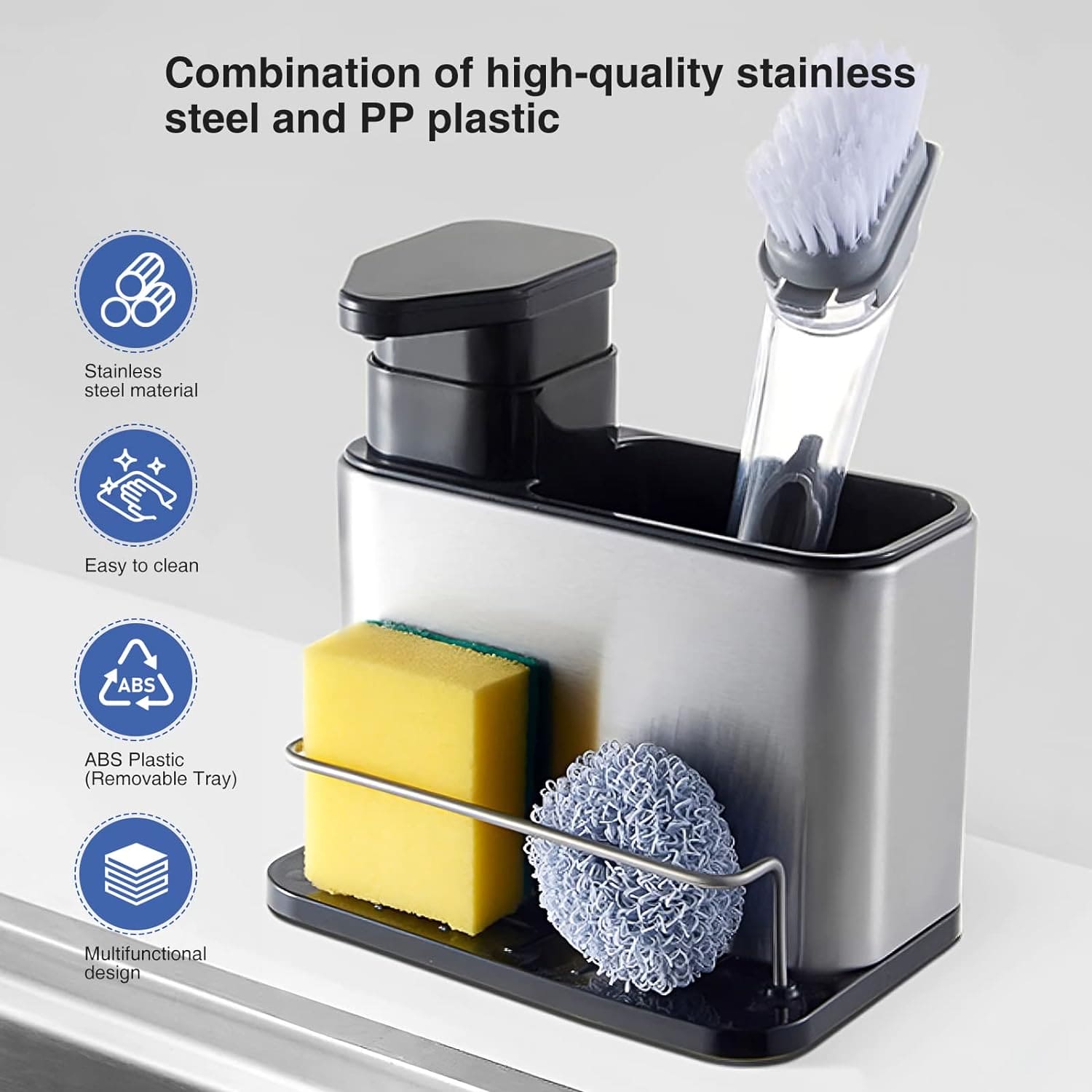 Kitchen Sink Cutlery Holder, Stainless Steel Flatware Organizer, Kitchen Utensils Cutlery Caddy Counter, Multifunctional Kitchen Sink Washing Sponge Storage Rack, Chopstick Cage with Water Outlet Tray