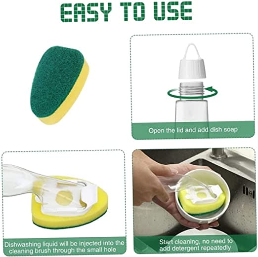 Replaceable Cleaning Brush, Kitchen Liquid Dispenser Dish Scrubber, 3 in1 Long Handle Cleaning Sponge, Removable Brush Head Sponge, Replacement Head Dishwashing Sponge, Heavy Duty Dish Wand for Kitchen, Sink, Bathroom