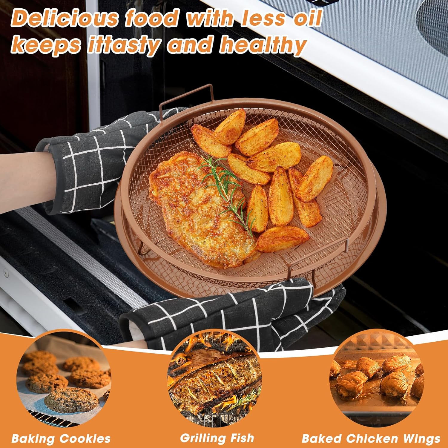 Set Of 2 Pcs Air Fryer Tray, Double Non Stick Crisper Tray, Multifunction Roasting Frying Basket, Heat Resistance Oven Grill Pan Basket, Cooling Grill Pan Plate With Handles