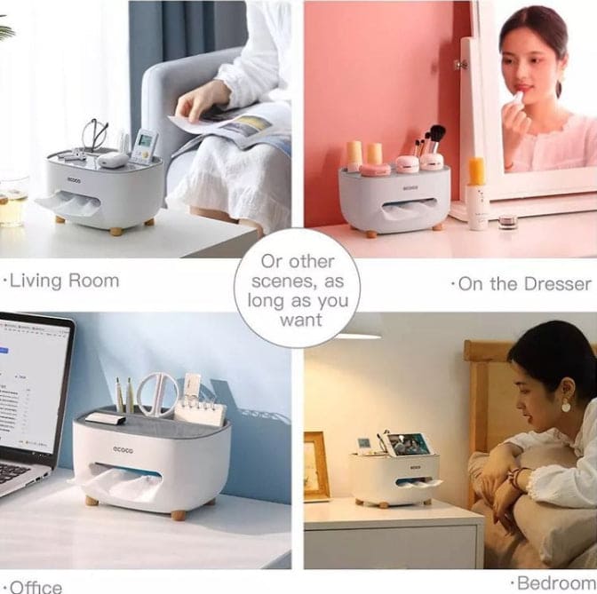 Tissue Box Holder, Multifunction Tissue Box ABS Material Storage Organizer, Desktop Tissue Box With Hidden Mobile Phone Holder, Remote Holder