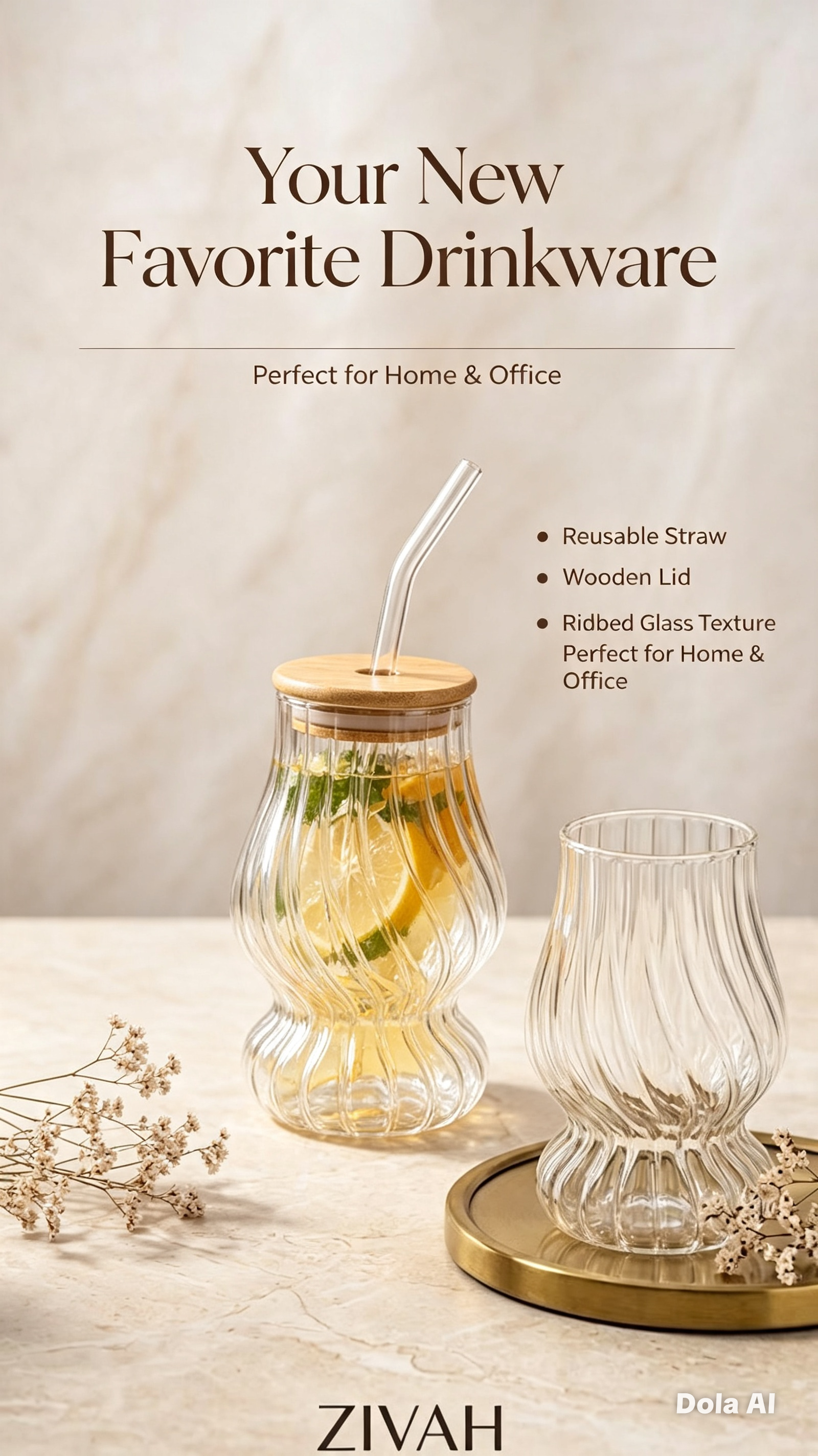 Elegant Ribbed Glass Cup with Wooden Lid & Straw