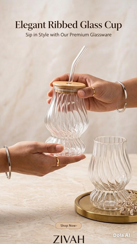 Elegant Ribbed Glass Cup with Wooden Lid & Straw