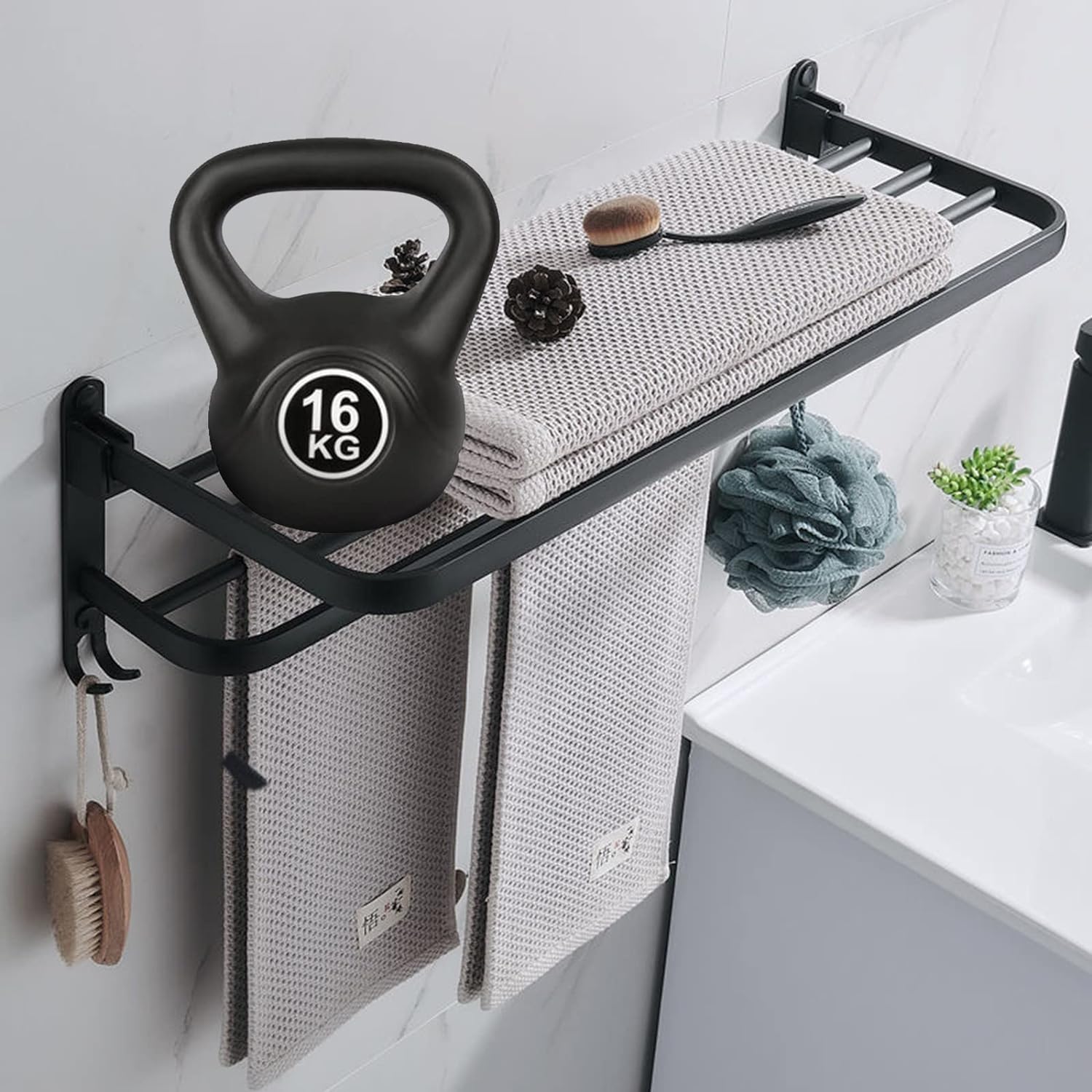 Double Folding Bath Towel Holder, Wall Matte Black Towel Rack, Bath Accessories Organizer, Self Adhesive Towel Bar, Aluminum Alloy Towel Rack, Kitchen Bathroom Shelves with Double Bar, Multifunction Double Towel Bracket