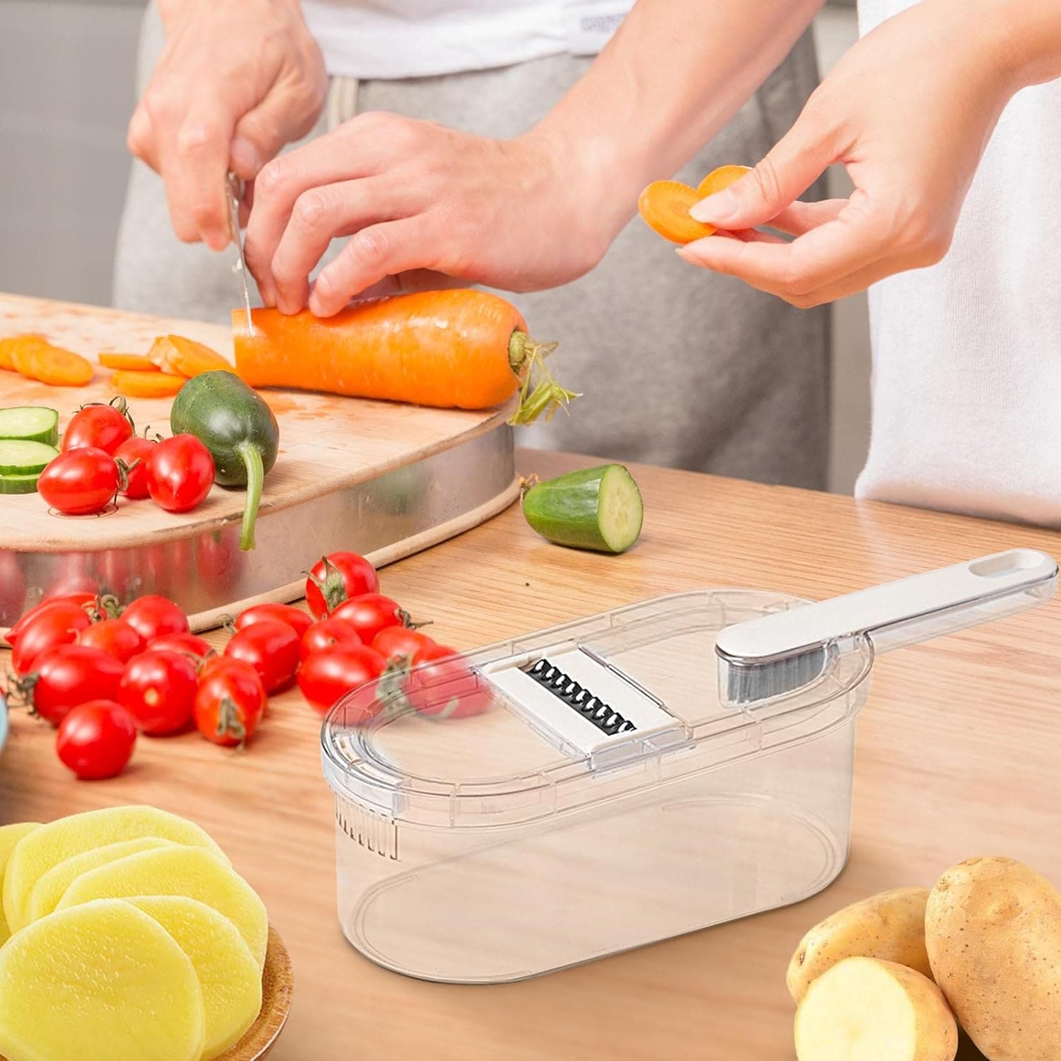 Multifunctional Vegetable Stinger, Vegetable Slicer Chopper Cutter Shredder with Storage Box,  Vegetable Cutter With Basket, Hand Guard Potato Grater With Storage, Vegetable Chopper With Container, Transparent Slicer Shredder And Cutter