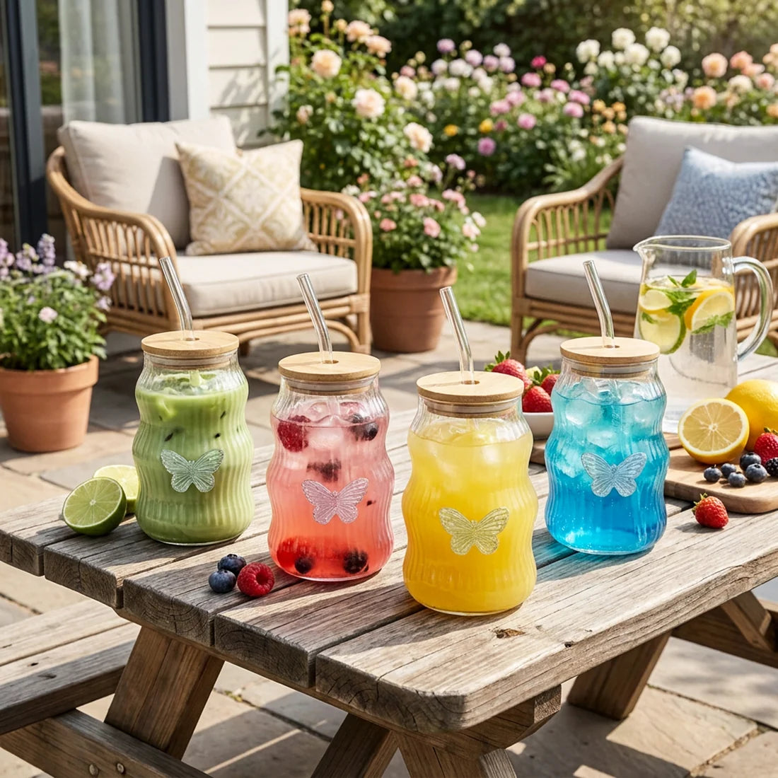 Cute Wavy Textured Glass Tumbler with Butterfly & Bow Decoration