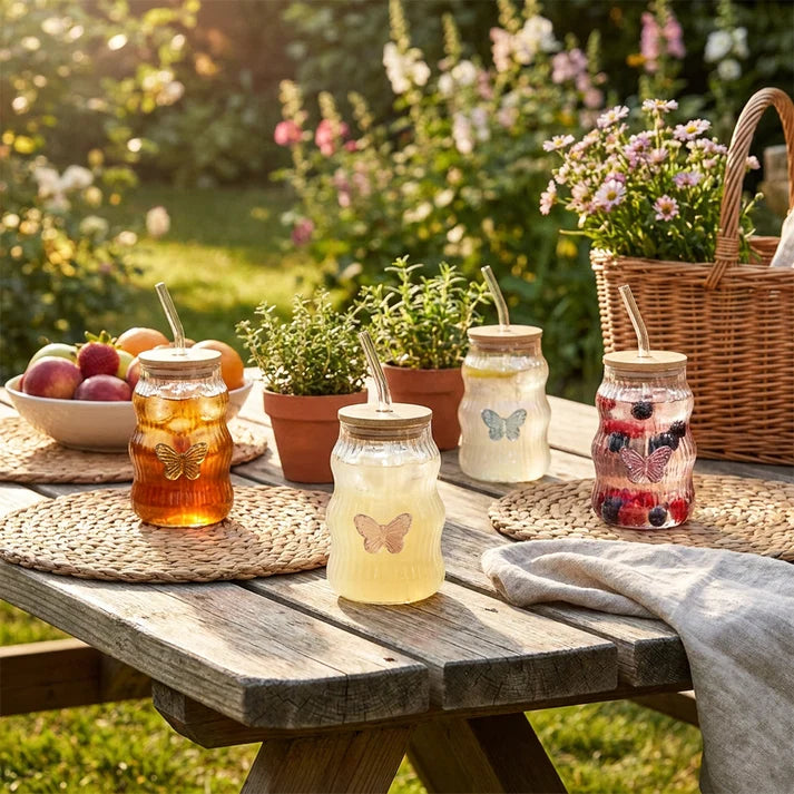 Cute Wavy Textured Glass Tumbler with Butterfly & Bow Decoration