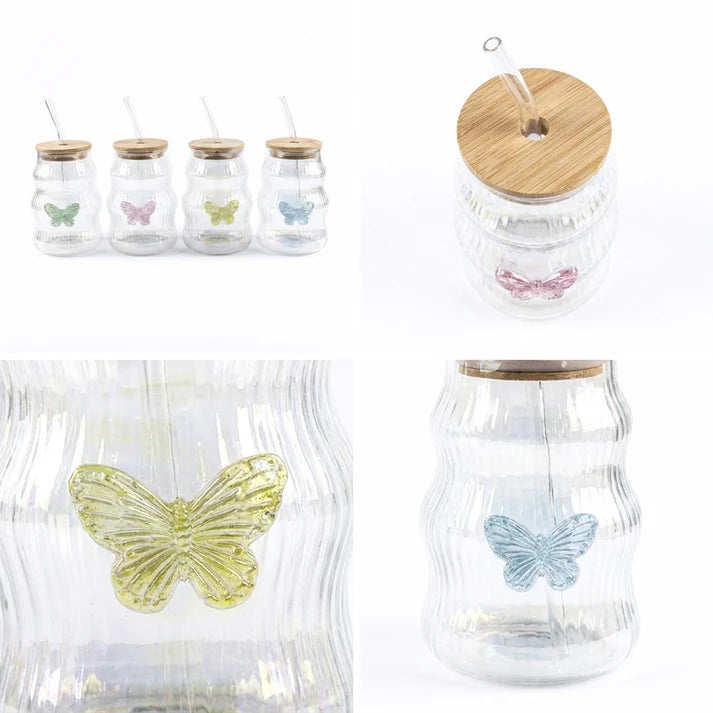 Cute Wavy Textured Glass Tumbler with Butterfly & Bow Decoration