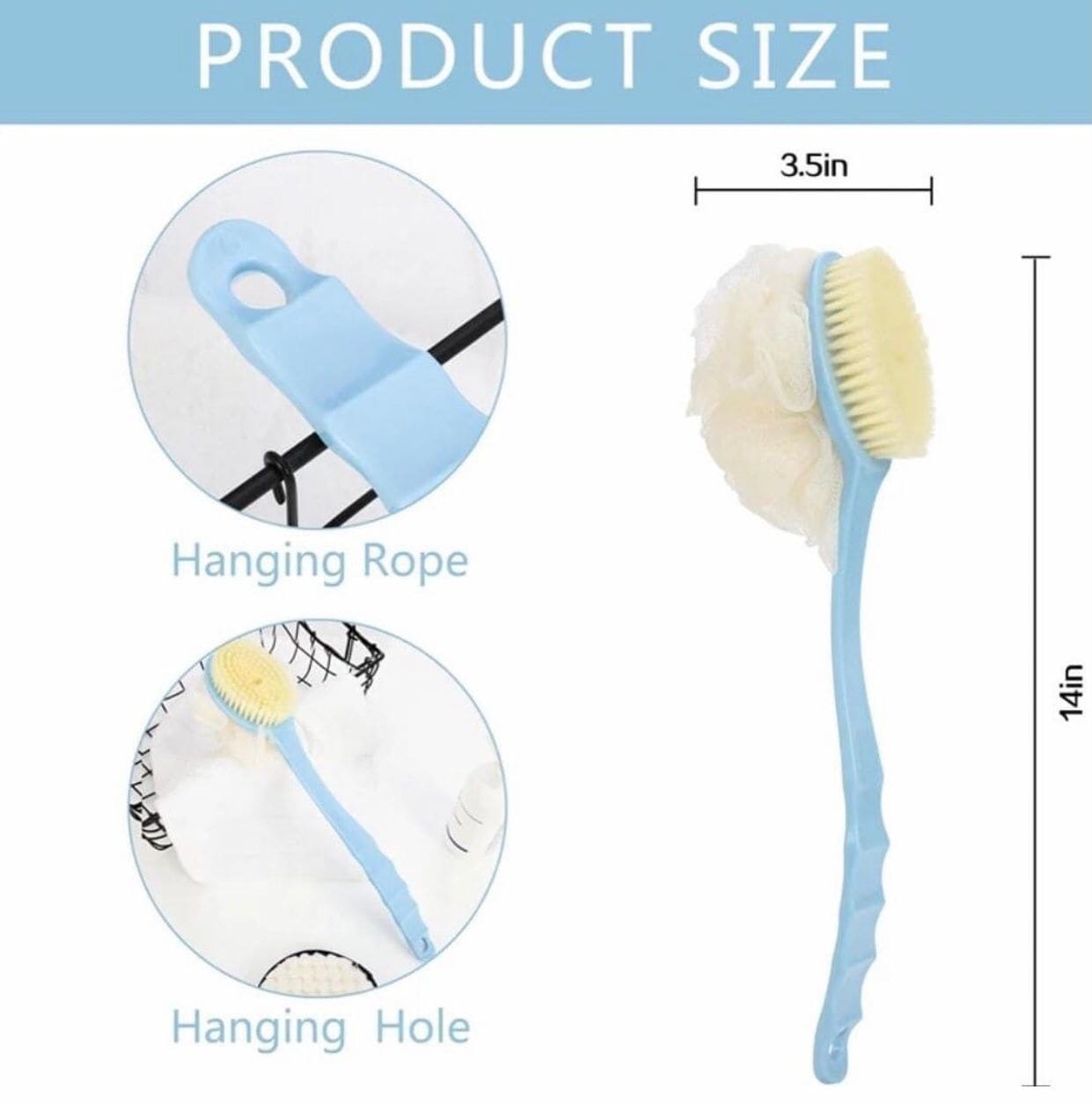 2 In 1 Bathing Scrubbing Long Handle Brush, Shower Body Brush with Bristles and Loofah, Back Scrubber Bath Mesh Sponge with Curved Long Handle, Back Scrubber Body Brush