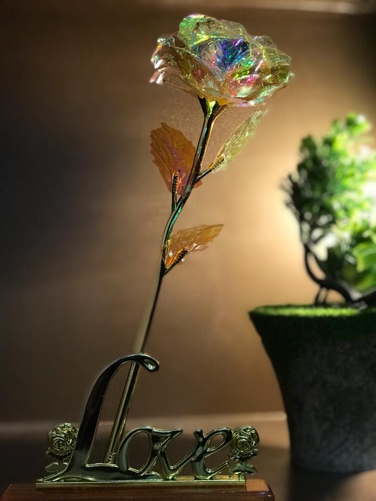 24K Almunium Foil Plated Gold Rose, Glided Gold Crystal Artificial Rose, Plastic Colorful Rose With Love Shape Base for Valentine's Day