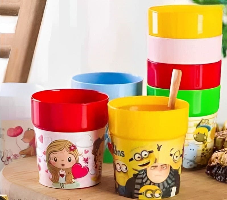 Set Of 4 Cartoon Glass, 250ml Unbreakable Plastic Glass For Kids, Cartoon Printed Cups, Premium Drinking Glasses For Kids Toddlers, Plastic Tumbler Cups