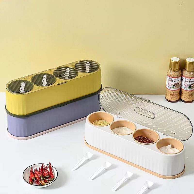 Wonder 4 Grid Masala Box, Kitchen Seasoning Box With Spoon, Nordic 4 Grid Spice Jar, Multi Grid Salt Seasoning Spice Container, Household Kitchen Condiment Jar