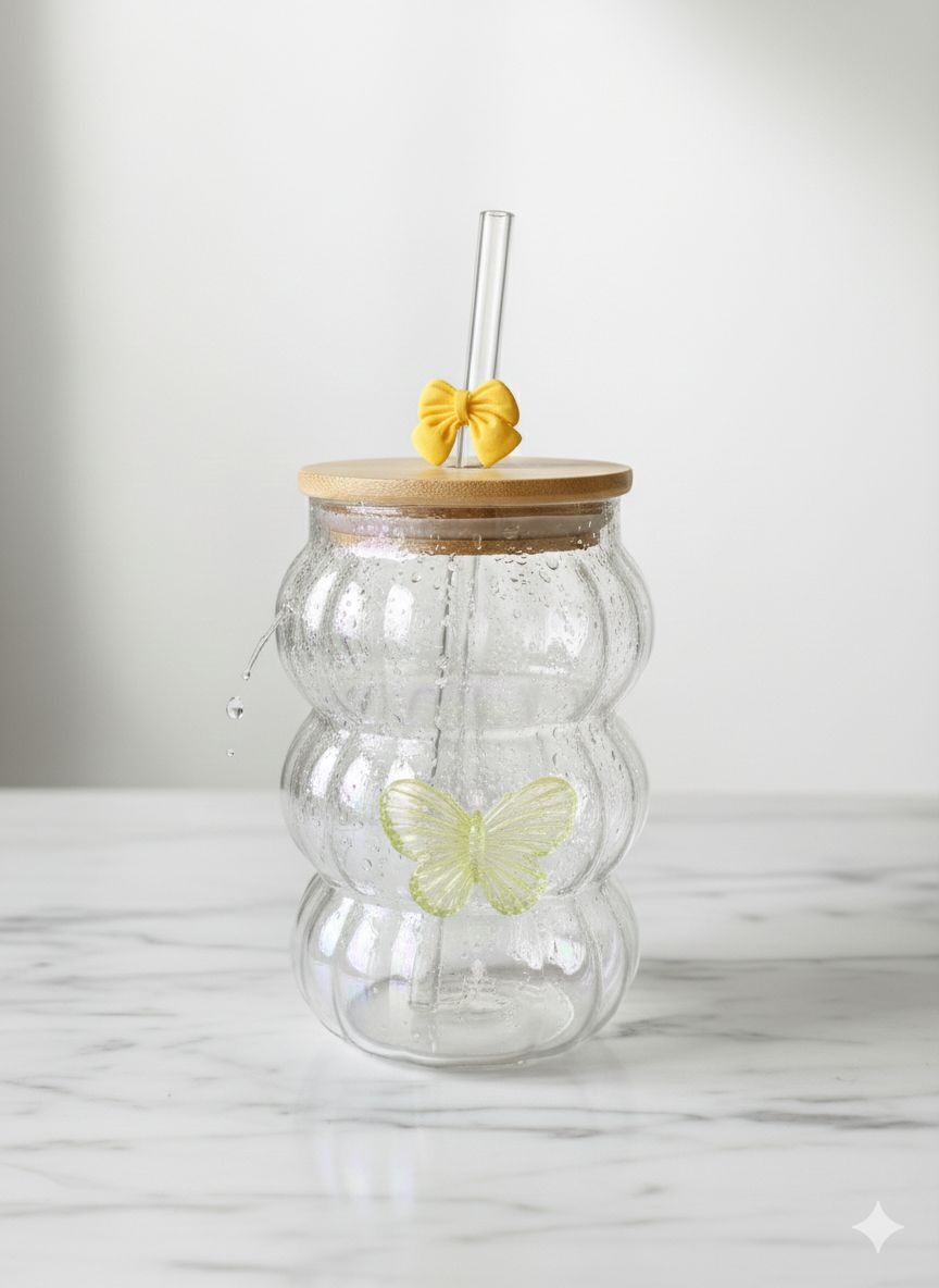Cute Wavy Textured Glass Tumbler with Butterfly & Bow Decoration
