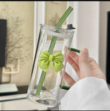 Pink Bow Square Glass Cup with Straw