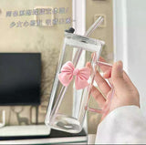 Pink Bow Square Glass Cup with Straw
