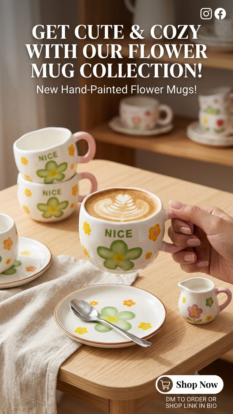 Hand-Painted Flower Ceramic Mug | Cute Coffee Cup Set