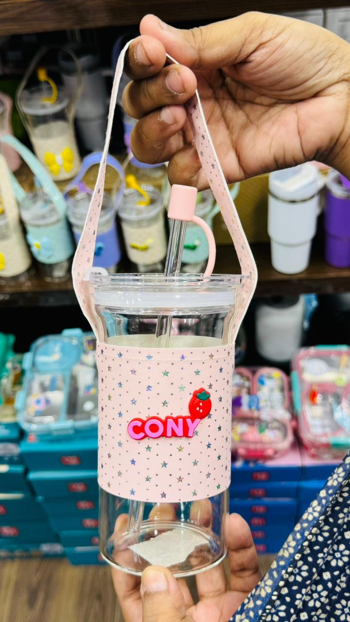 Glass Tumbler with Strap & Charm | Cute Sling Cup