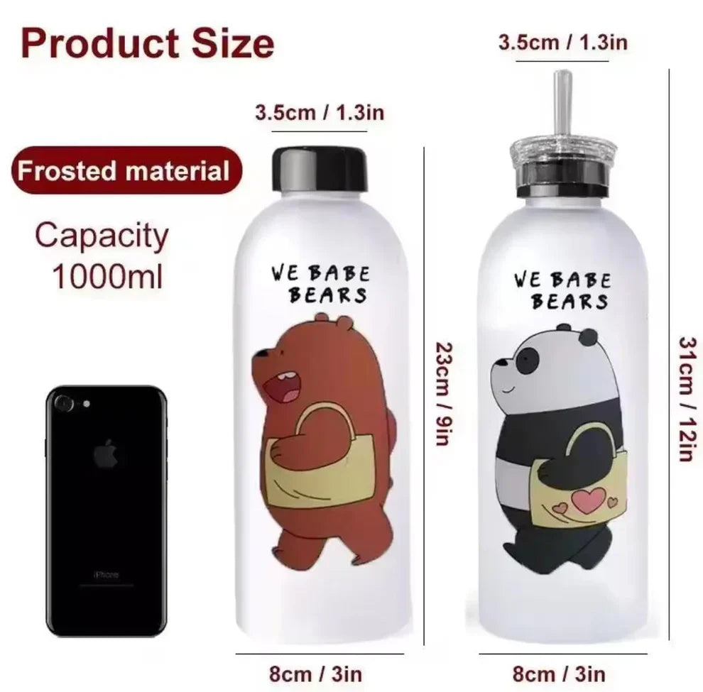 Cute Bear Bottle – Frosted Water Bottle with Straw & Direct Drink Lid – 1000ML