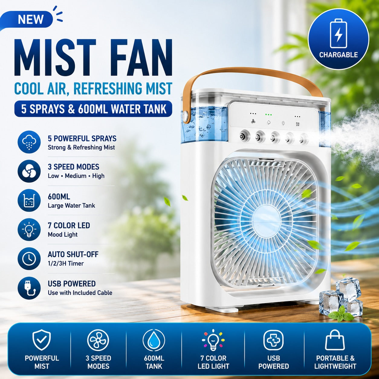 Portable Air Cooler Desk Fan with Water Spray – USB Mini Air Conditioner