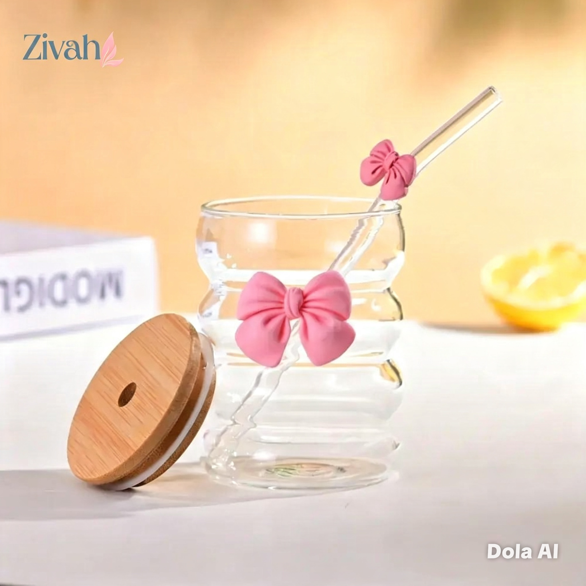 Glassium Bamboo Lid Bow Glass Straw Cup - 500Ml