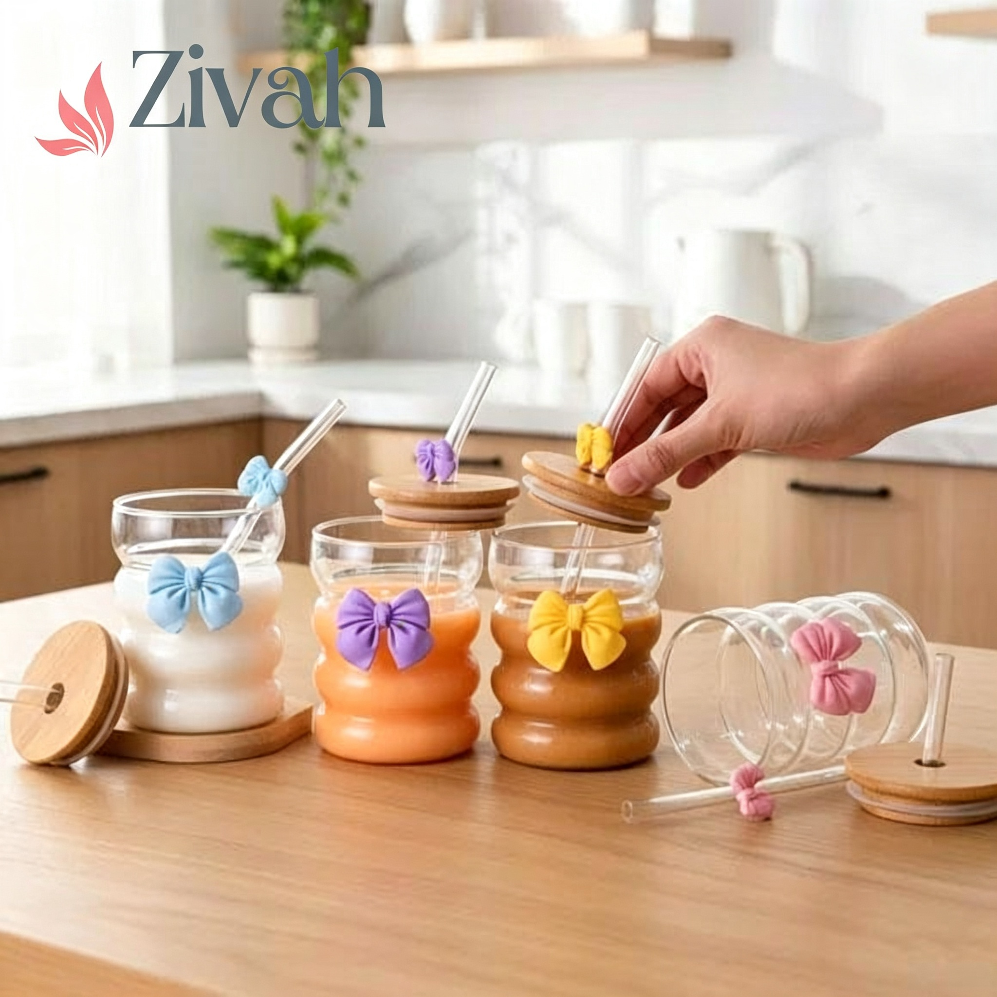 Glassium Bamboo Lid Bow Glass Straw Cup - 500Ml