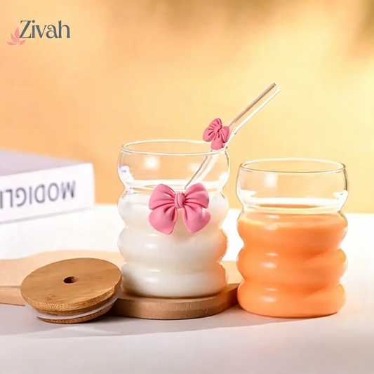 Glassium Bamboo Lid Bow Glass Straw Cup - 500Ml