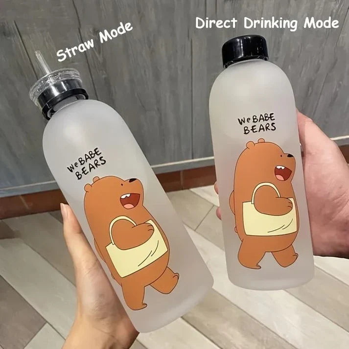 Cute Bear Bottle – Frosted Water Bottle with Straw & Direct Drink Lid – 1000ML
