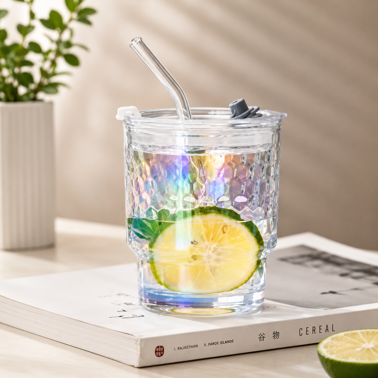 Aurora Crystal Glass Tumbler with Lid & Glass Straw | Premium Iridescent Drink Cup for Coffee, Tea & Cold Beverages