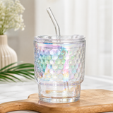 Aurora Crystal Glass Tumbler with Lid & Glass Straw | Premium Iridescent Drink Cup for Coffee, Tea & Cold Beverages